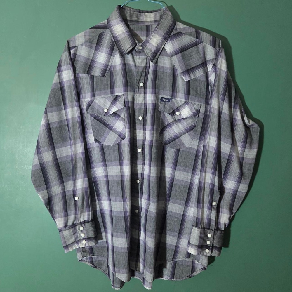 Vintage grey and purple plaid button-up shirt, pearl snaps